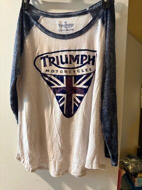 Lucky Brand White and Navy Triumph Motorcycles Raglan Tee